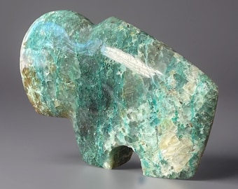 Quantum Quattro crystal Buffalo Carving, Chrysocolla in Quartz High Quality Buffalo Animal Sculpture (358)