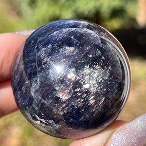 Iolite Flashy Sphere with Pink & Silver Confetti, AAA Iolite Rare Find Crystal, Natural Polished Purple Blue Gemstone Ball