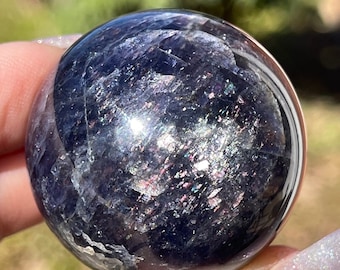 Iolite Flashy Sphere with Pink & Silver Confetti, AAA Iolite Rare Find Crystal, Natural Polished Purple Blue Gemstone Ball
