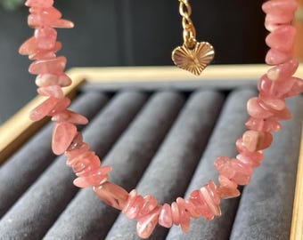 Rhodochrosite Minimalist Bracelet -Natural Gemstone Dainty Bracelet, Rhodochrosite Crystal Goldtone Layering Bracelet, Gemstone Chip Beads