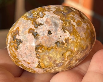 Ocean Jasper Chunky Egg, Polished Madagascar Jasper with Pink Orange Yellow Flowers, Orbicular Madagascar Carving (224)