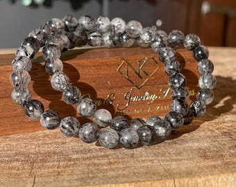Tourmalinated Quartz Bracelet - Stretch 6mm beads, Rare Tourmaline Crystal Beads, Unique Handmade Jewelry Gift