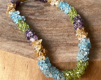 Rainbow Crystal Handwoven Chip Gemstone Beads Necklace , Crystal beads, Blue Topaz Citrine Amethyst Peridot Beaded Necklace