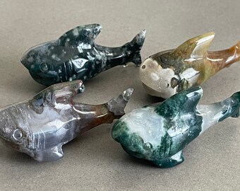 Moss Agate Sharks, Natural Moss Agate Carved Fish