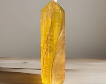 Yellow Fluorite Tower, Natural Orange Fluorite Round Cylinder Point, Sunset Fluorite Crystal