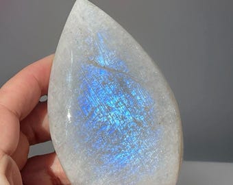 Moonstone XLarge Crystal Flame, HQ White Moonstone Blue Flash golden chatoyancy, Unique Crystal Sculpture, Rocks for Gifting