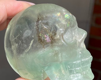 Green Fluorite Skull, Crystal Sculpture full of Rainbows , Fluorite carvings, AAA HQ Crystals