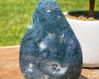 Blue Moss Agate Druzy Flame , Crystal Flames