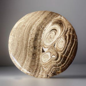 May include: A polished, circular stone with a swirling pattern of light and dark brown bands. The stone has a smooth, glossy surface and a natural, earthy aesthetic. The design features concentric circles and organic shapes.