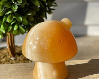 Orange Calcite Mushroom House Carving | Home Décor | Crystal Carvings | Gift, Funny Crystal Carvings, Mushrooms