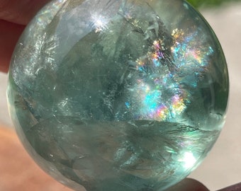 Green Fluorite Sphere full of Rainbows , HQ Fluorite sphere , AAA Crystals