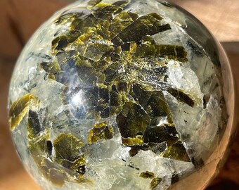 Prehnite Sphere with Green & Black Tourmaline and Rutile Inclusions (459), Collectors Natural Crystal ball