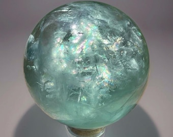 Green Fluorite Sphere filled with Rainbows , HQ Fluorite sphere , Natural Crystal Home Decor