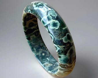 7th Vein Ocean Jasper Bangle Bracelet with Green Flowers in Black Quartz, Ocean Jasper old stock collectors edition jewelry, #64