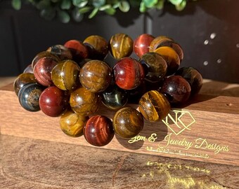 Rainbow Tiger’s Eye Bracelet - 14mm Beads Stretch gemstone bracelet, Tricolor Tigers Eye bracelet, Unique Handmade Jewelry