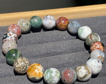 8th 1st Vein Old Stock & Veinless Ocean Jasper Beaded Bracelet, Orbicular Jasper collectors Colorful 11mm beads , Rare Crystal Bracelet