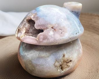 Pink Amethyst Blue Flower Agate Big Mushroom house with Druzy, Mushroom Home decor zen garden, Unique Crystals