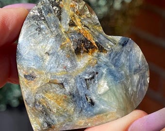 Blue Green Kyanite Heart with Quartz & Goethite Inclusions, Polished Natural Metamorphic Crystal Specimen (336)