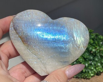 Moonstone XL Heart with Incredible BLUE Flash, High Quality Moonstone Golden Flash, Rare Crystal Find, #81