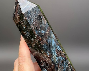 Astrophyllite XL Tower with Garnet & Pyrite, Flashy Blue Bronze Starburst Inclusions Polished Crystal Point, Rare Mineral Specimen 6"