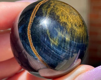 Blue Tiger’s eye Sphere, Natural Flashy Blue & Black Unique Crystal #98