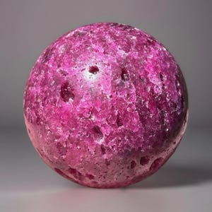 May include: A spherical, textured gemstone in shades of pink and magenta. The surface has a rough, pitted appearance, with variations in color intensity. The gemstone is a solid, opaque sphere, likely a decorative item or a mineral specimen.