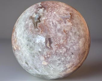 Pink & Peach Amethyst Flower Agate Large Statement Geode Sphere – Polished Crystal Orb with Natural Green Quartz and a Cave Pocket