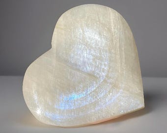 White Moonstone Large Crystal Heart with BLUE Flash