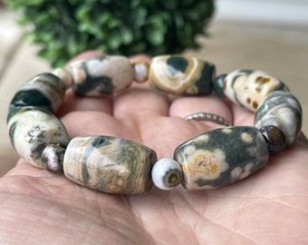 8th , 6th , 4th, 1st Vein Ocean Jasper Bracelet Xlarge beads. Orbicular Ocean Jasper, old stock, collectors edition