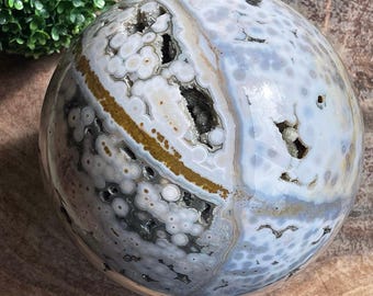 8th Vein Blue Ocean Jasper HUGE 16 inch Statement Sphere with druzy, Bubble Jasper Crystal Gift, AAA Collectors Madagascar Jelly Jasper