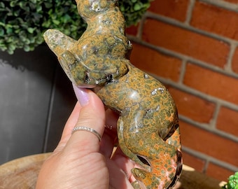 Marovato Madagascar Ocean Jasper Leopard with Marion Quartz and Orange Pink Flowers, Rare Find Hand carved Animal, Statement Carving #76