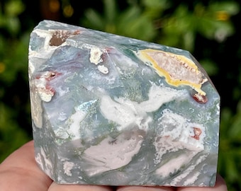 Pink Blue Moss Agate Freeform, Calcite & Quartz Druzy Polished Moss Agate Stone, Rare Agate Crystal