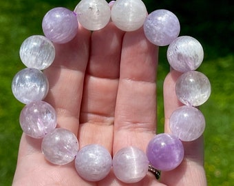 Kunzite Big Sphere Bead Bracelet with a Cats Eye Flash and Rainbows, Collector Edition Gem Handcrafted Jewelry, #74