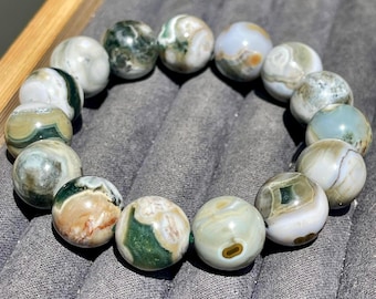 8th Vein Ocean Jasper Bracelet -14mm beads, Orbicular Ocean Jasper Jewelry