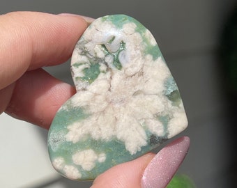 Green Flower Agate Heart - Natural Pink Flower Inclusions - Polished Stone Carving - Unique Crystal Gift