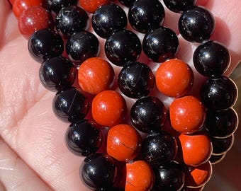 Black Tourmaline & Red Jasper Crystal Bracelet - 8.5mm Beads, Natural Colorful Gemstone Beads, Layering Stacking Jewelry