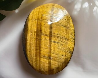 Polished Tiger's Eye Large Palm Stone: Natural Chatoyant Travel Crystal