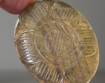 Yellow Fluorite Floral Palmstone Handcarved, Gemmy HQ Fluorite Polished Flat back Cabochon Crystal Gem - You Pick