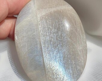 Blue Flash Peach Moonstone PalmStone with Incredible Flash, High Quality Silky Moonstone, Rare Crystal Find, Polished pocket Stone