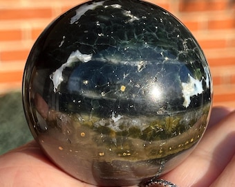 Ocean Jasper Sphere with Quartz Clusters, Deep Green & Olive Orbicular Jasper Ball, Unique Madagascar Jasper Crystal Orb (359)