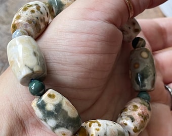 8th Vein Ocean Jasper Bracelet Big Barrel beads, Orbicular Ocean Jasper, old stock, 6th , 4th, 1st Vein collectors edition