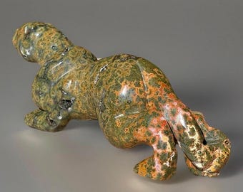 Orbicular Ocean Jasper Leopard with Marion Quartz and Orange Pink Flowers, Rare Find Hand carved Animal Figurine, Statement Carving #7