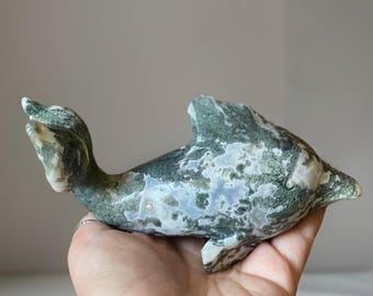 Moss Agate Large Dolphin Sculpture, Unique Natural Green & White Moss Agate Sea Critter, Beach House Decorations