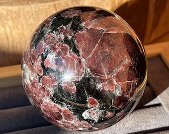 Garnet in Arfvedsonite Crystal Sphere (225), Golden Fireworks Stone Orb