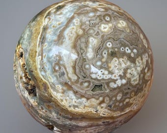 Orbicular Ocean Jasper Sphere with Green Flowers, Polished Natural Crystal Ball, Unique Bubble Jasper