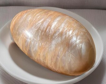 Peach Moonstone XL Palmstone with Full Silver Chatoyant Flash,  HQ Moonstone & Smoky Quartz Crystal (421)