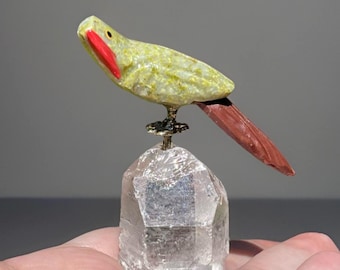 Serpentine and Jasper Handcarved Bird on Quartz base, Collectors Crystal Toucan Sculpture