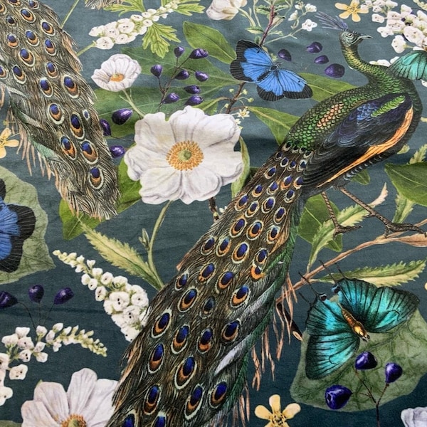 Peacock velvet fabric for ottoman, butterfly print fabric for kitchen chairs, botanical flower fabric for reupholstering (140cms/ 330gsm)