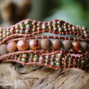 Etched Gold and Copper Waves, Triple Wrap Beaded Leather Bracelet for Women, Handmade Jewelry, Unique Gift for Her, 3X Wrap, Metallic, Wavy