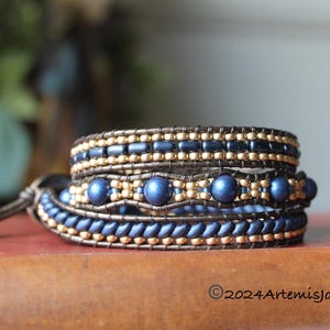 In Stock, Navy Blue and Gold, Triple Wrap Beaded Leather Bracelet for Women, Handmade Bracelet, Unique Gifts for Her, Boho Jewelry, 3X Wrap